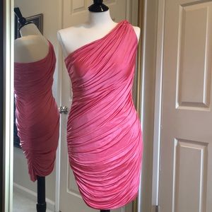 Pink Ruched Bebe One-Shoulder Dress